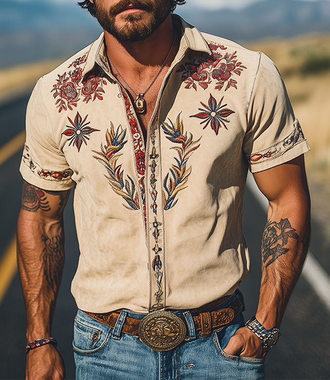 Men's Short Sleeve Summer Shirt in Western Floral Print