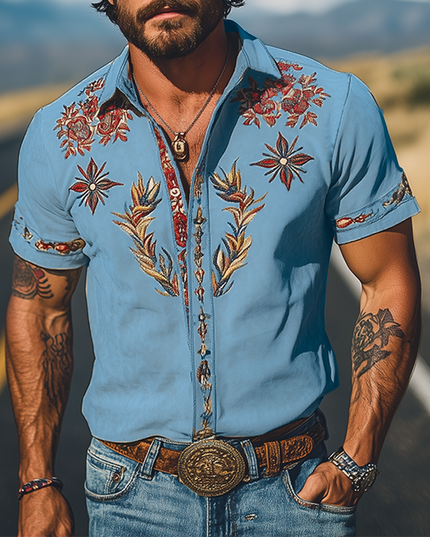 Men's Short Sleeve Summer Shirt in Western Floral Print