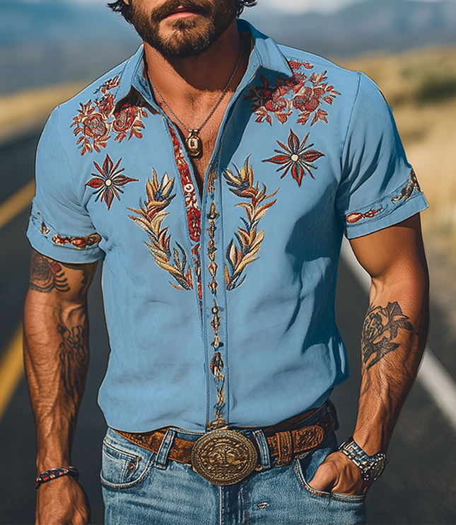 Men's Short Sleeve Summer Shirt in Western Floral Print