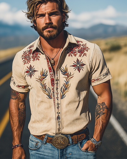 Men's Short Sleeve Summer Shirt in Western Floral Print