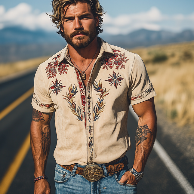 Men's Short Sleeve Summer Shirt in Western Floral Print