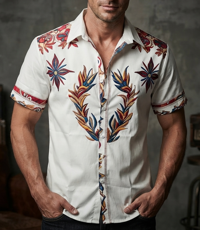 Men's Short Sleeve Summer Shirt in Western Floral Print