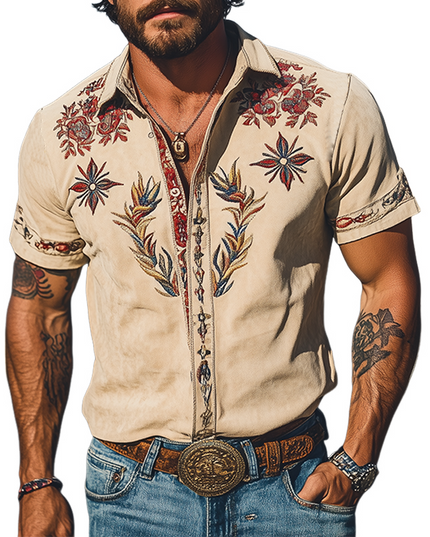 Men's Short Sleeve Summer Shirt in Western Floral Print