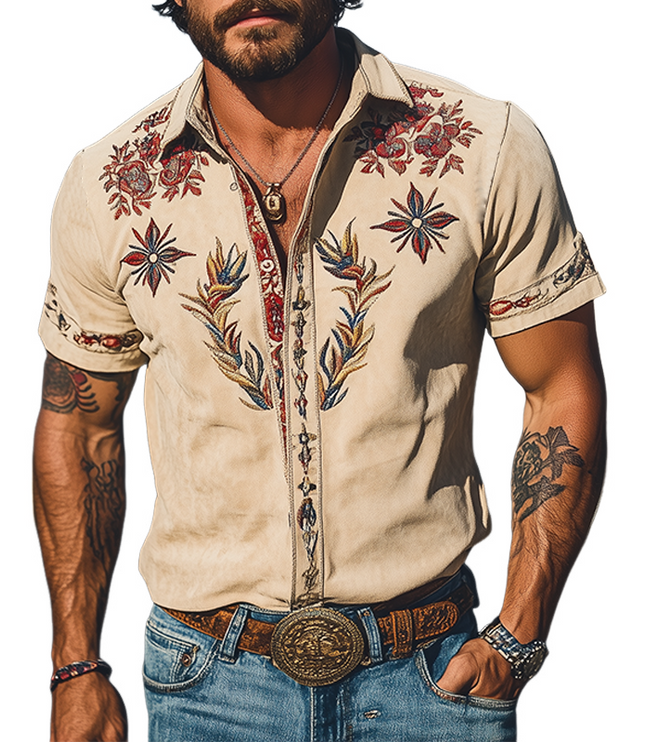 Men's Short Sleeve Summer Shirt in Western Floral Print