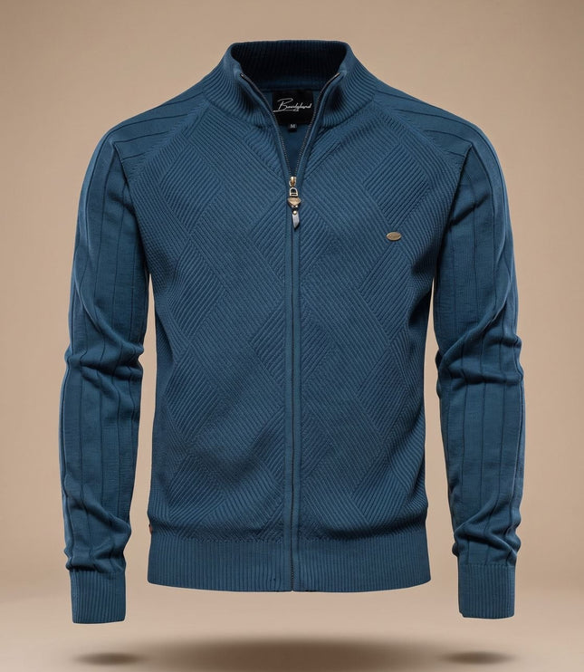 Men's Slim Fit Knit Cardigan Sweater with Zip Front and Stand Collar