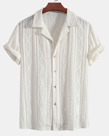 Men's Textured Summer Shirt with Camp Collar and Short Sleeves