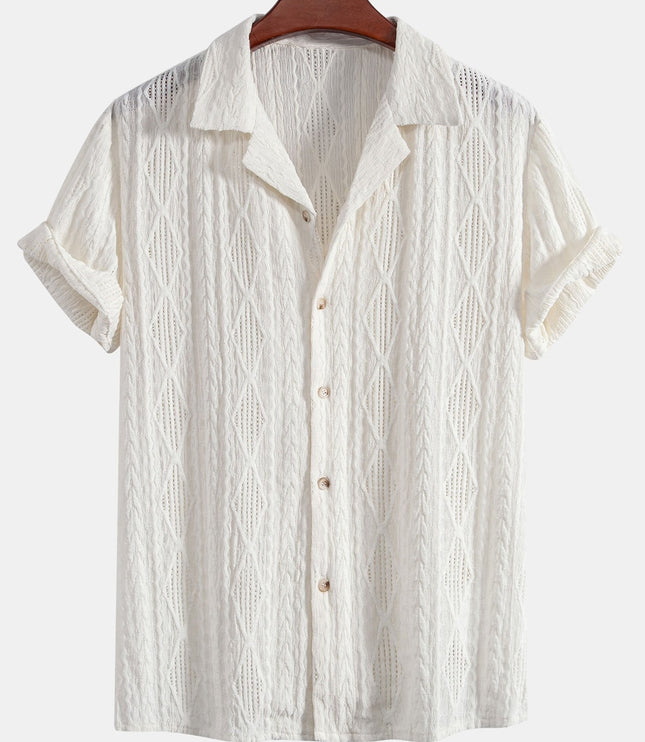 Men's Textured Summer Shirt with Camp Collar and Short Sleeves