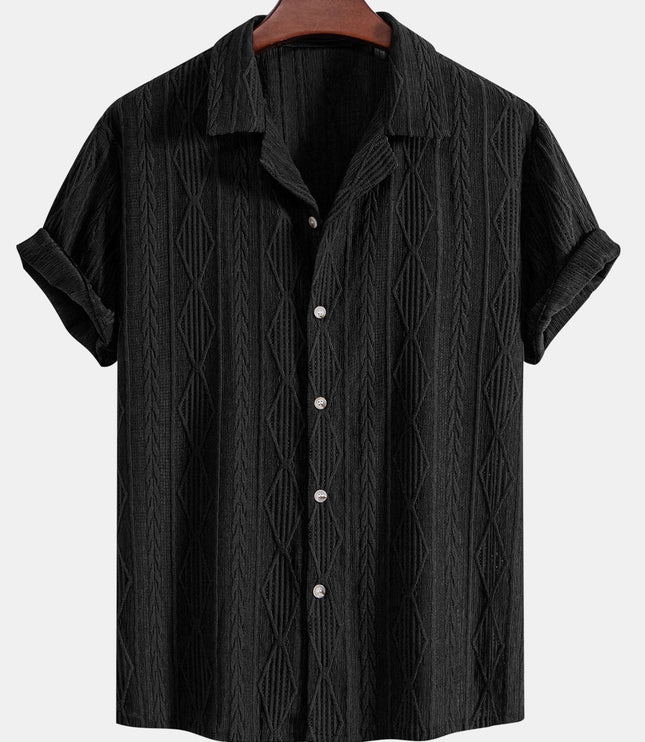 Men's Textured Summer Shirt with Camp Collar and Short Sleeves