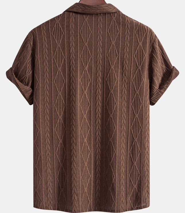 Men's Textured Summer Shirt with Camp Collar and Short Sleeves