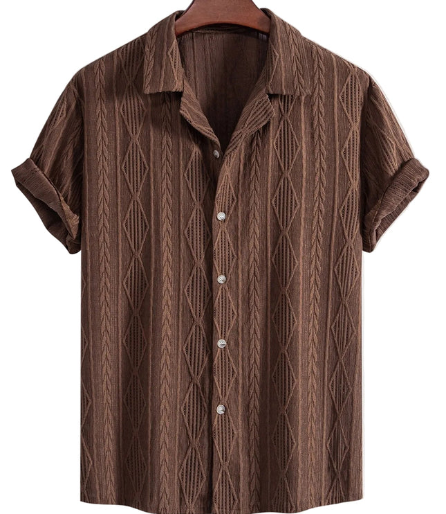 Men's Textured Summer Shirt with Camp Collar and Short Sleeves