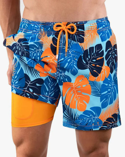 Men's Tropical Print Swim Shorts with Mesh Pocket
