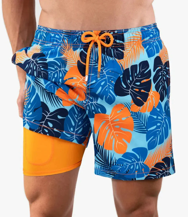 Men's Tropical Print Swim Shorts with Mesh Pocket