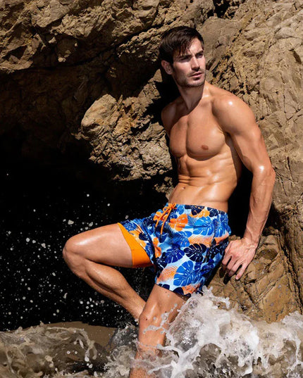 Men's Tropical Print Swim Shorts with Mesh Pocket