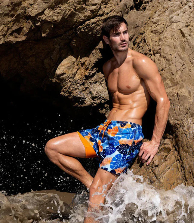 Men's Tropical Print Swim Shorts with Mesh Pocket