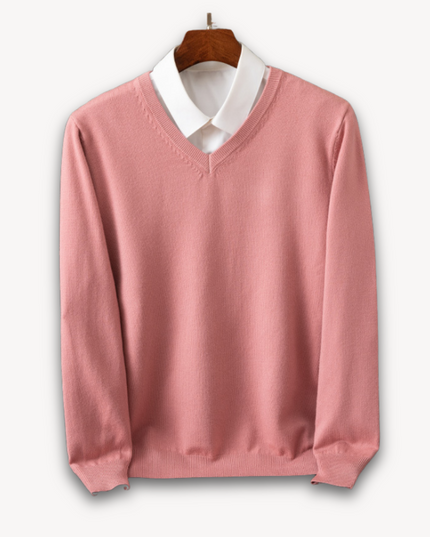 Men's V-Neck Fine-Knit Sweater with Ribbed Cuffs