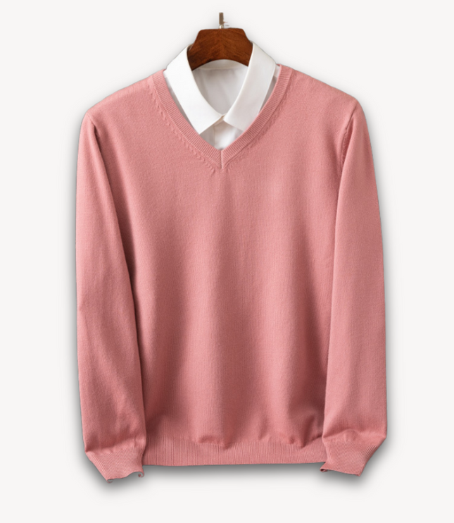 Men's V-Neck Fine-Knit Sweater with Ribbed Cuffs