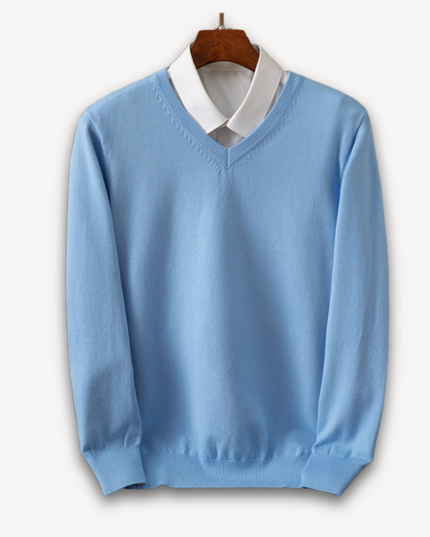 Men's V-Neck Fine-Knit Sweater with Ribbed Cuffs