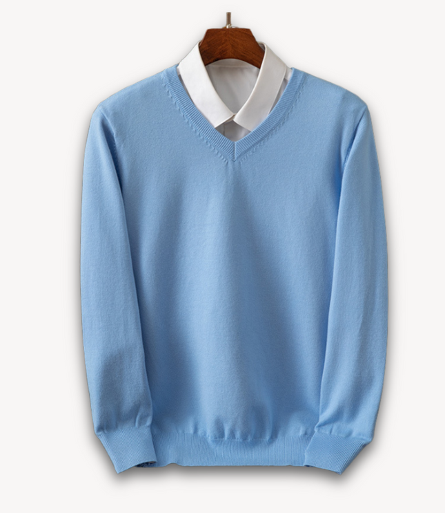 Men's V-Neck Fine-Knit Sweater with Ribbed Cuffs