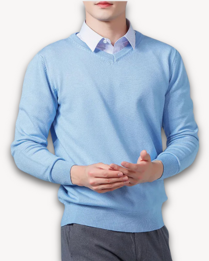 Men's V-Neck Fine-Knit Sweater with Ribbed Cuffs