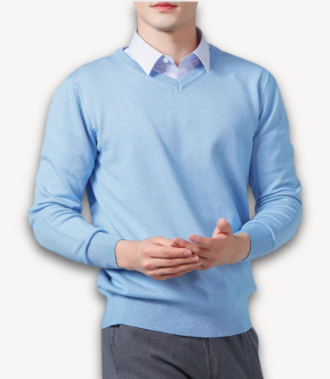Men's V-Neck Fine-Knit Sweater with Ribbed Cuffs