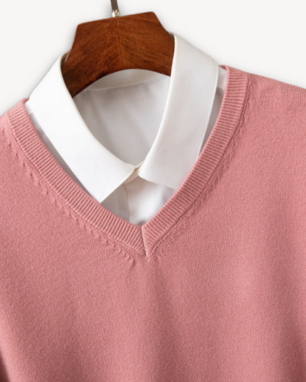 Men's V-Neck Fine-Knit Sweater with Ribbed Cuffs