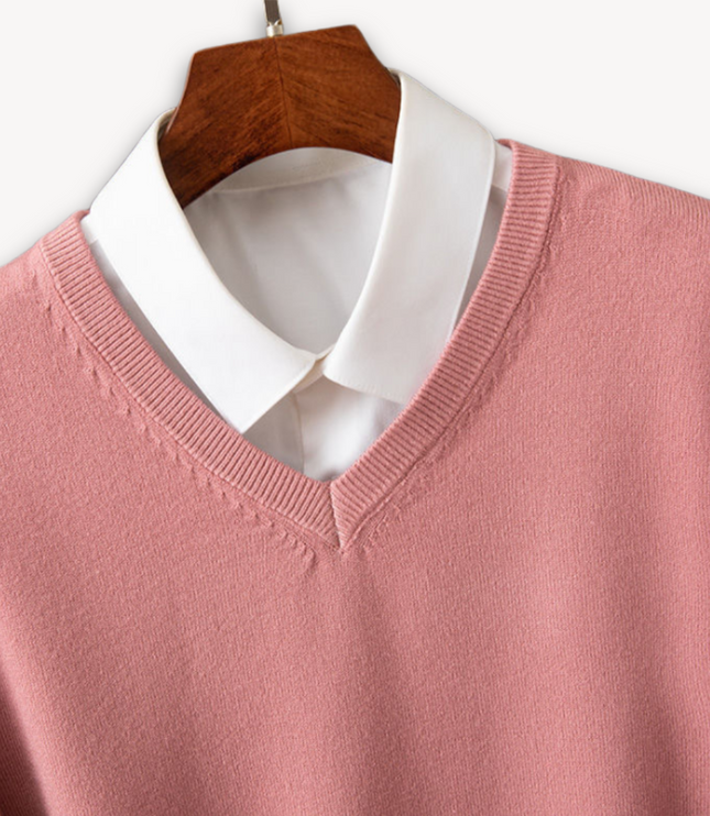 Men's V-Neck Fine-Knit Sweater with Ribbed Cuffs