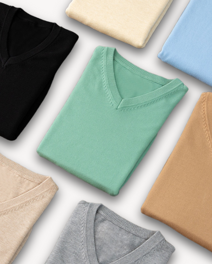 Men's V-Neck Fine-Knit Sweater with Ribbed Cuffs