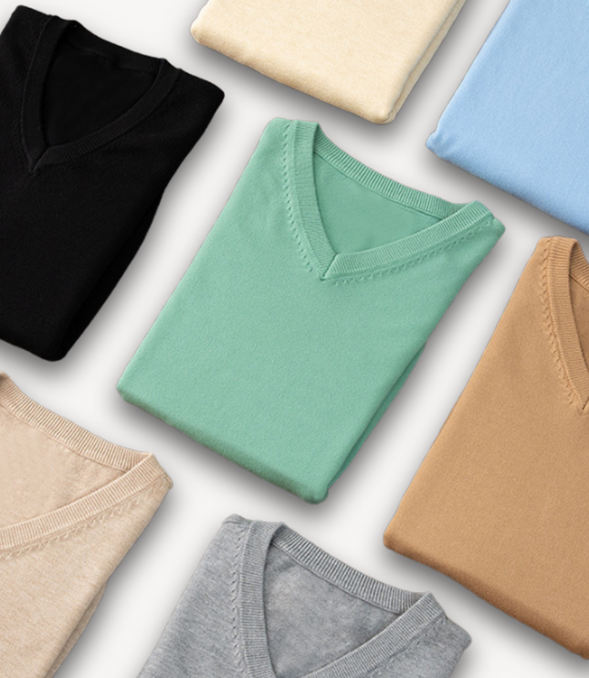Men's V-Neck Fine-Knit Sweater with Ribbed Cuffs