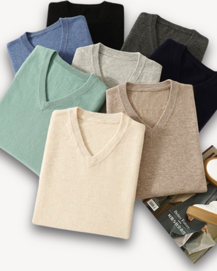 Men's V-Neck Fine-Knit Sweater with Ribbed Cuffs