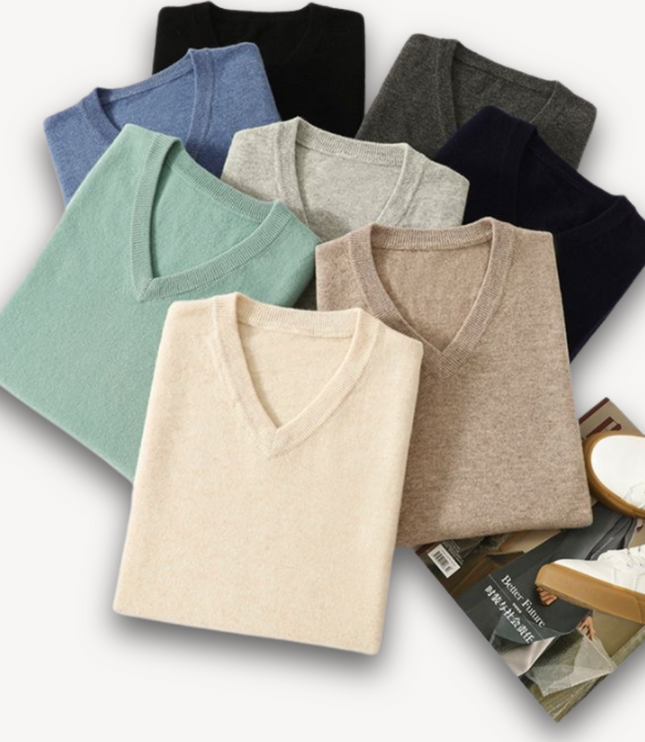 Men's V-Neck Fine-Knit Sweater with Ribbed Cuffs