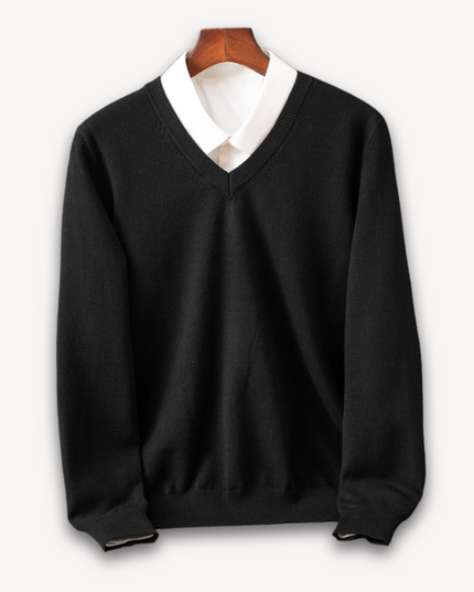 Men's V-Neck Fine-Knit Sweater with Ribbed Cuffs