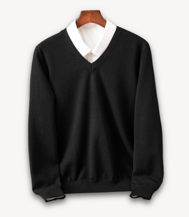 Men's V-Neck Fine-Knit Sweater with Ribbed Cuffs