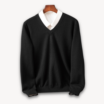 Men's V-Neck Fine-Knit Sweater with Ribbed Cuffs