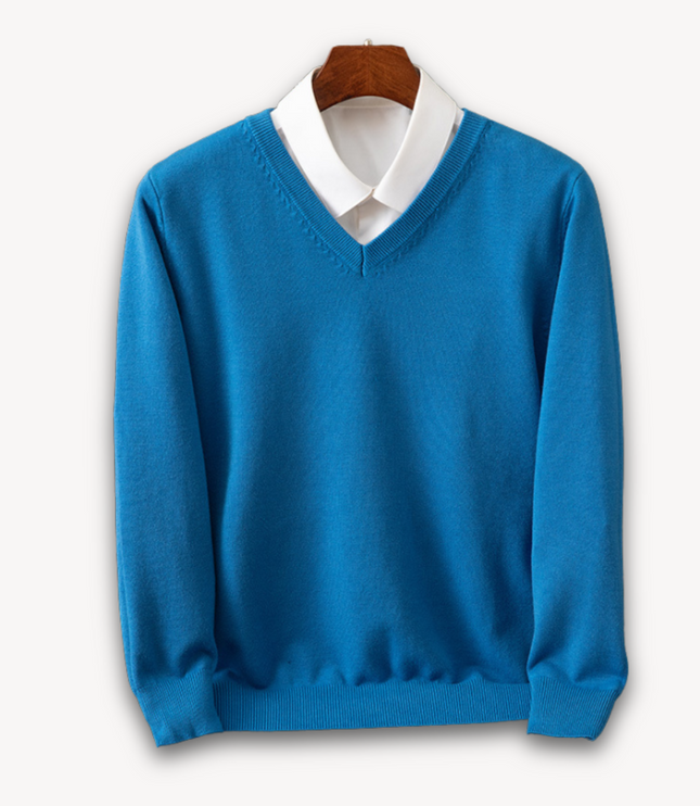 Men's V-Neck Fine-Knit Sweater with Ribbed Cuffs
