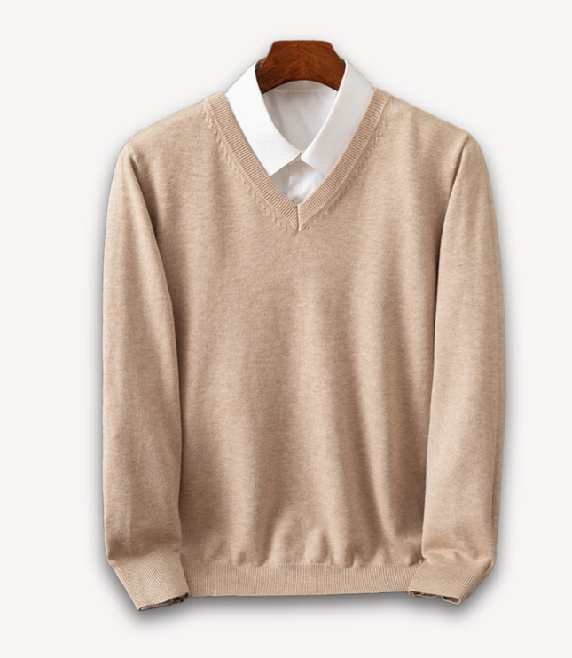Men's V-Neck Fine-Knit Sweater with Ribbed Cuffs