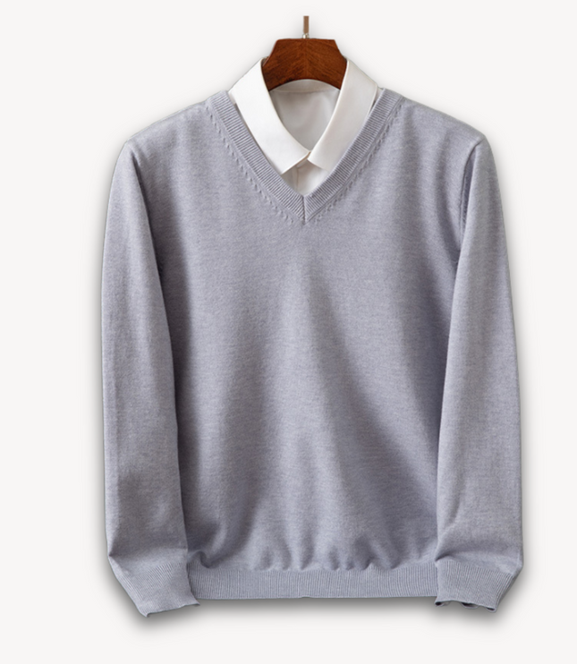 Men's V-Neck Fine-Knit Sweater with Ribbed Cuffs
