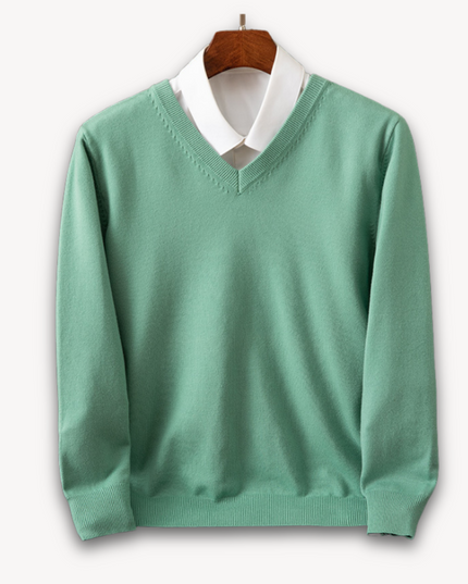 Men's V-Neck Fine-Knit Sweater with Ribbed Cuffs