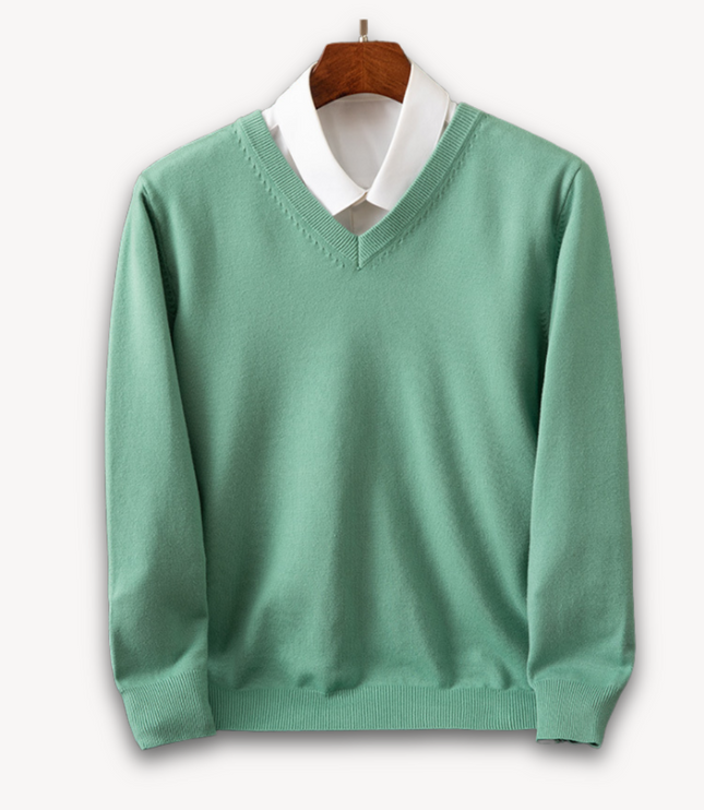Men's V-Neck Fine-Knit Sweater with Ribbed Cuffs
