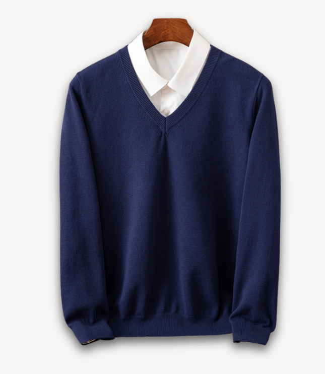Men's V-Neck Fine-Knit Sweater with Ribbed Cuffs