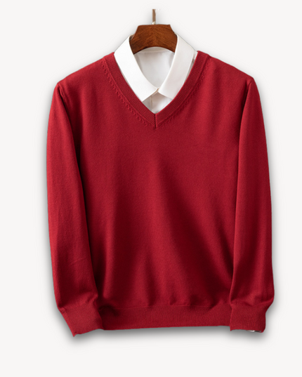 Men's V-Neck Fine-Knit Sweater with Ribbed Cuffs