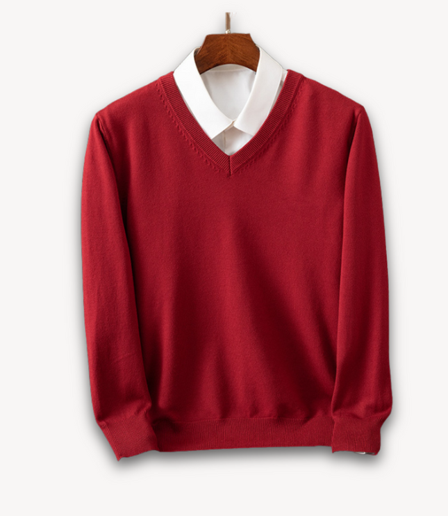 Men's V-Neck Fine-Knit Sweater with Ribbed Cuffs