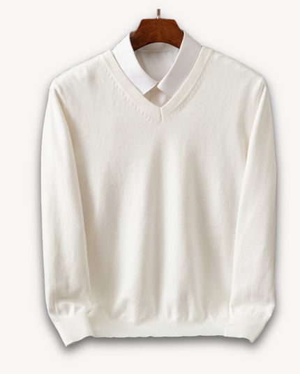Men's V-Neck Fine-Knit Sweater with Ribbed Cuffs