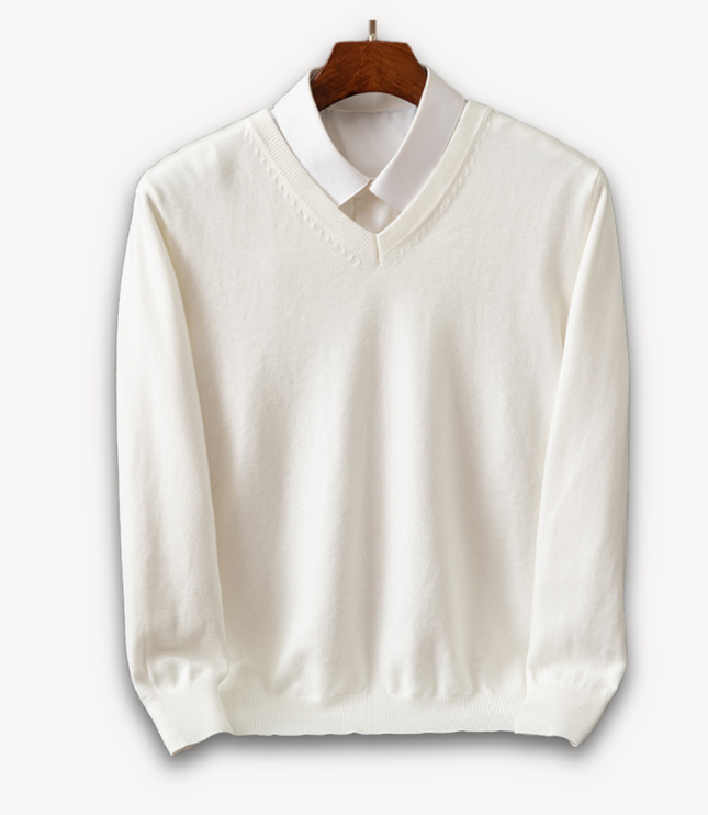 Men's V-Neck Fine-Knit Sweater with Ribbed Cuffs
