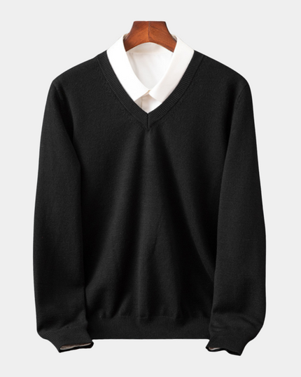 Men's V-Neck Fine-Knit Sweater with Ribbed Cuffs