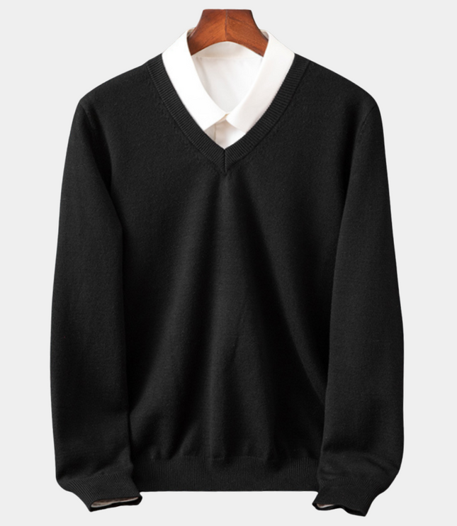Men's V-Neck Fine-Knit Sweater with Ribbed Cuffs