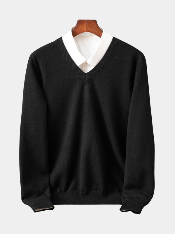 Men's V-Neck Fine-Knit Sweater with Ribbed Cuffs