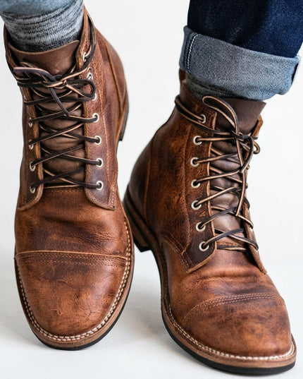 Men's Vintage Faux Leather Lace-Up Work Boots