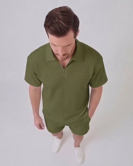 Men's Waffle Knit Polo and Shorts Set