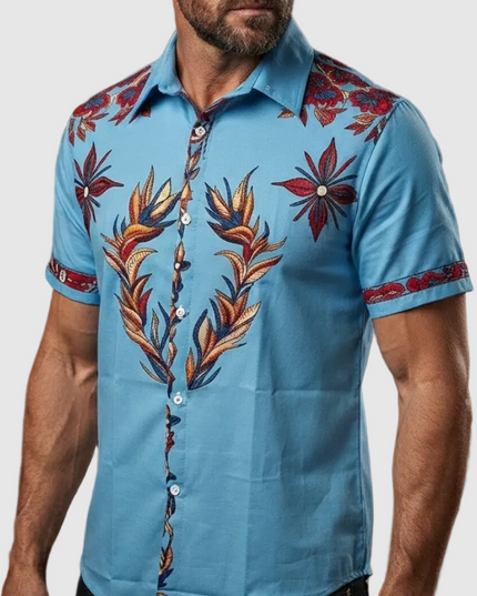 Men's Western Print Short-Sleeve Button-Up Shirt
