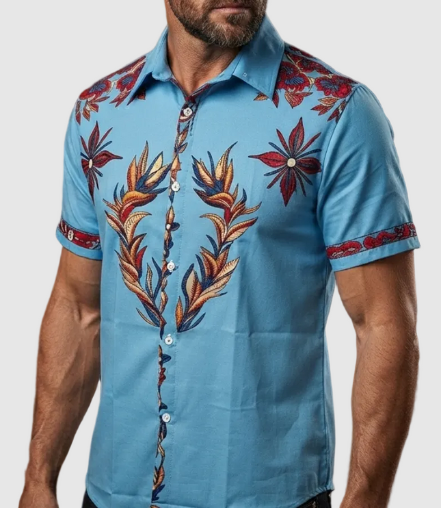 Men's Western Print Short-Sleeve Button-Up Shirt